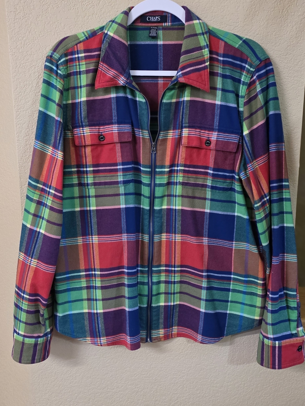 Chaps Multicolor Plaid Zip-Front Hoodie Jacket - Green Navy Red Purple